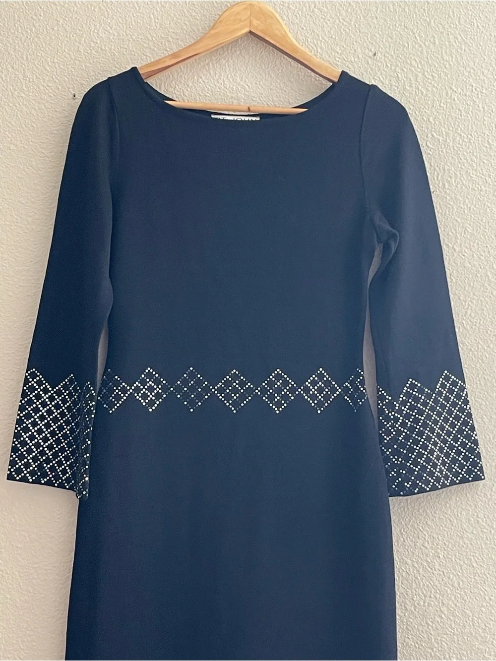 St. John Evening Black Santana Knit Dress Crystal Studded Cuff Waist Long Sleeve